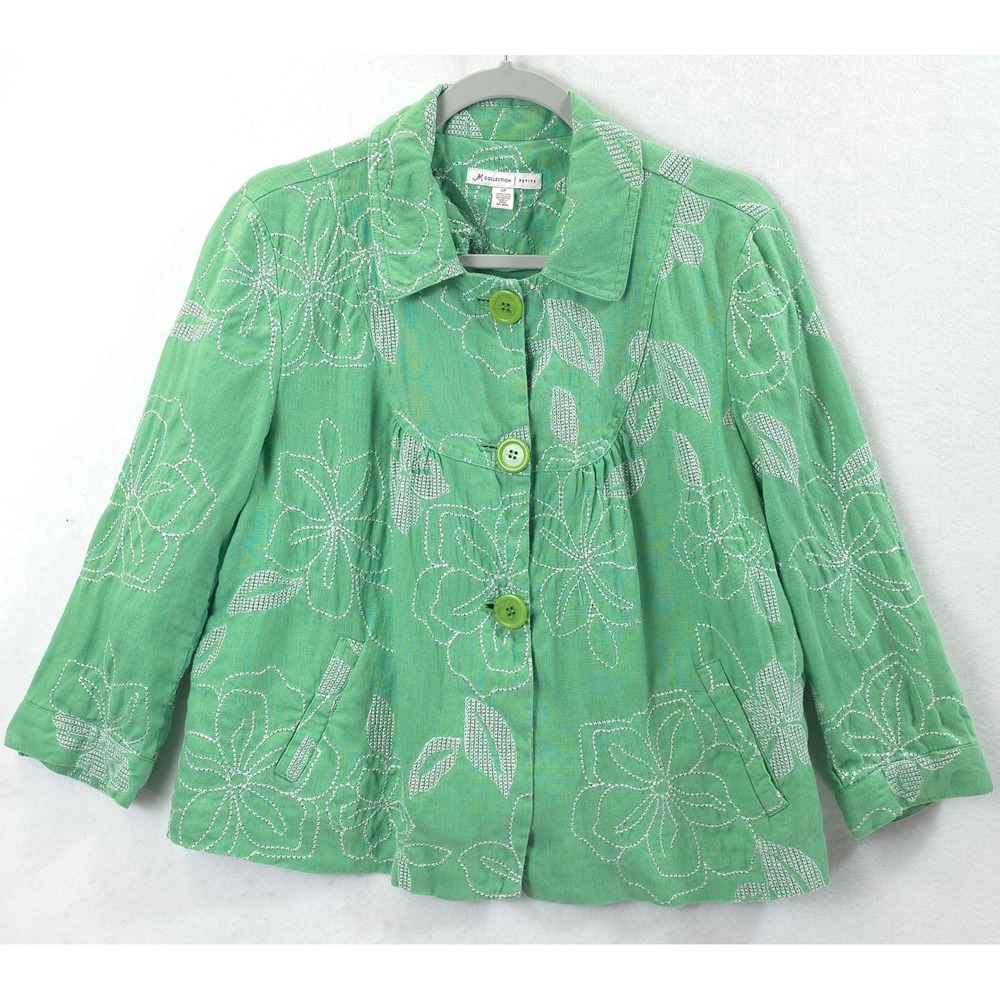 JM Collection Linen Jacket Floral Embroidered Green Women 12P Cottagecore Whimsy
